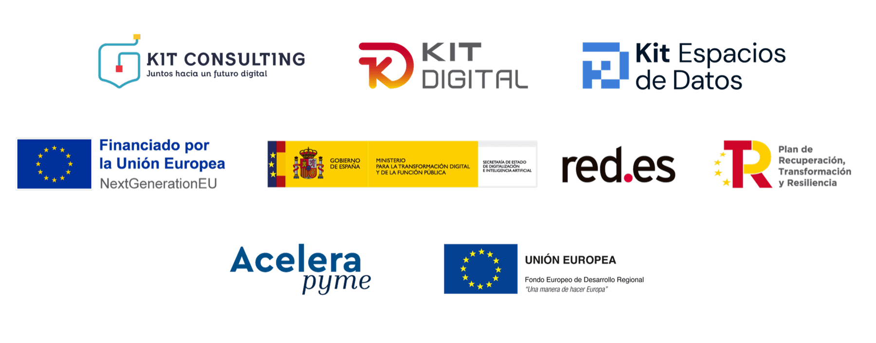 Kit Consulting · Kit Digital · Kit Espacios de Datos, Financiado por la Unión Europea NextGenerationEU · Plan de Recuperación, Transformación y Resiliencia · Gobierno de España, Ministerio para la Transformación Digital y de la Función Pública · red.es · Acelera pyme · FEDER